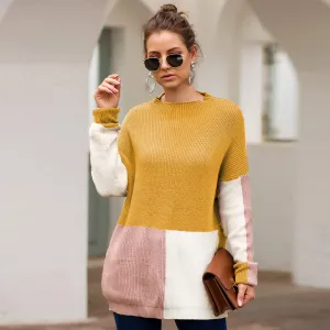 Autumn and Winter New Sweater Three-color Stitching Loose Lazy Wind Sweater Women's Clothing