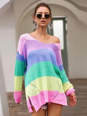 Autumn and Winter Sweaters New Rainbow Color Matching Loose Long Sleeve Pullover Sweater Women