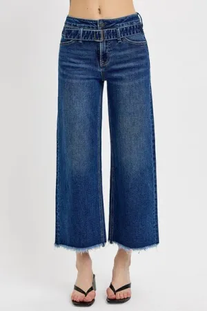 Dark Blue Raw Hem Wide Leg Attached Buckle Jeans