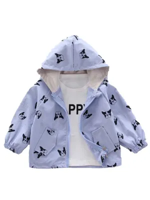 Frenchie Dog Print Baby and Childrens Hooded Jacket  - Blue 12M to 5Y