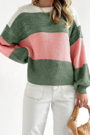 Green-2 Pink Colorblock Drop Shoulder Pullover Loose Sweater