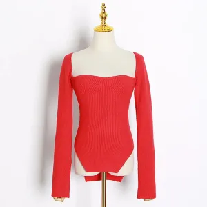 White Side Split Knitted Women's Top Sweater Square Collar Long Sleeve Off Shoulder Sweaters