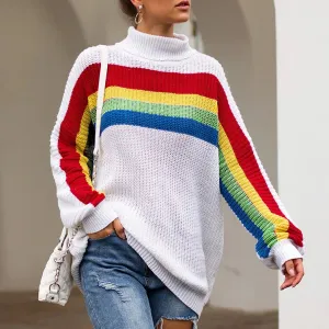 Women‘s High Collar Rainbow Stripes Knit Long Sweater