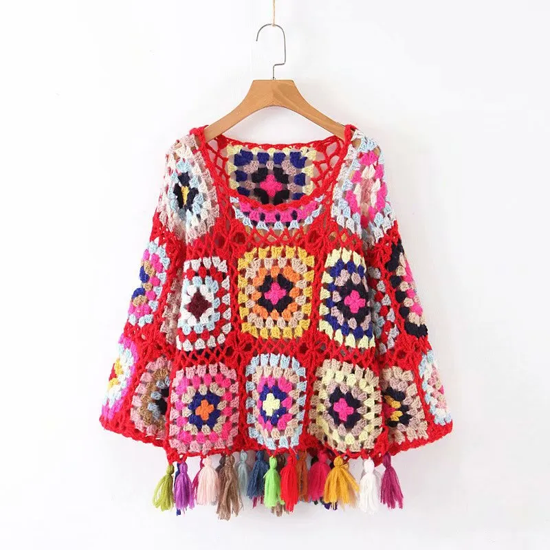 Women's Loose Colored Hollowed-out Tassel Sweater